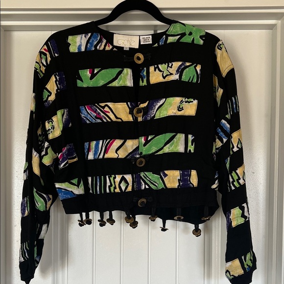 Cache Jackets & Blazers - Vintage Cache Abstract Cropped Jacket – Gold Buttons & Dangling Charms
